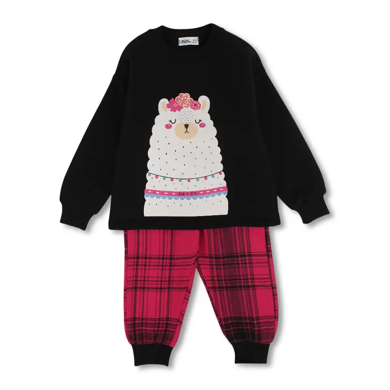 Girls Cotton Pajama Set  Black with Llama Print