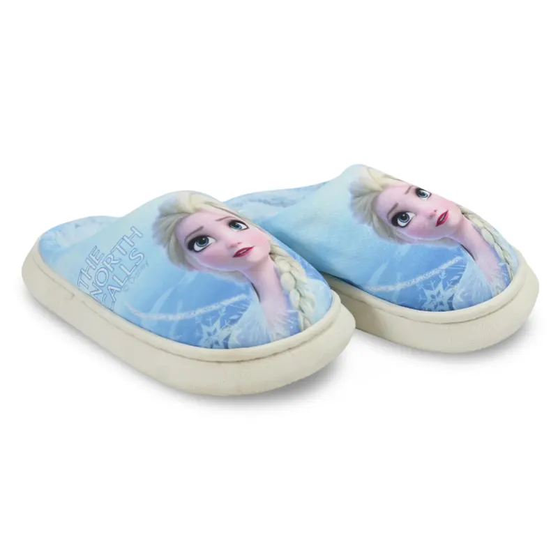 Girls Fur Slippers  Baby Blue with Frozen The North Calls Print