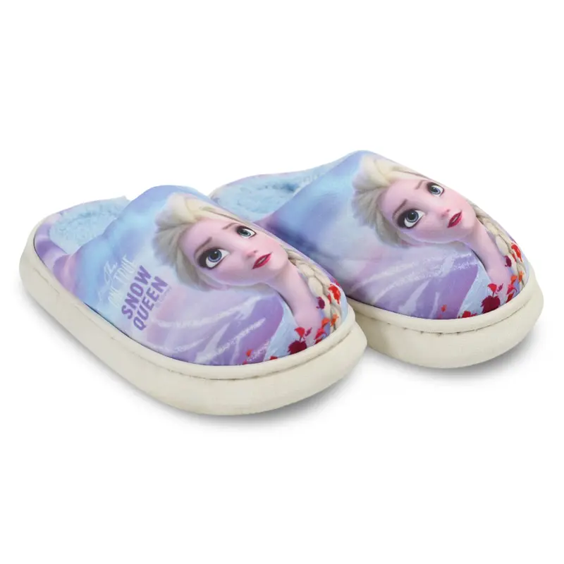 Girls Fur Slippers  Purple with Frozen Snow Queen Print