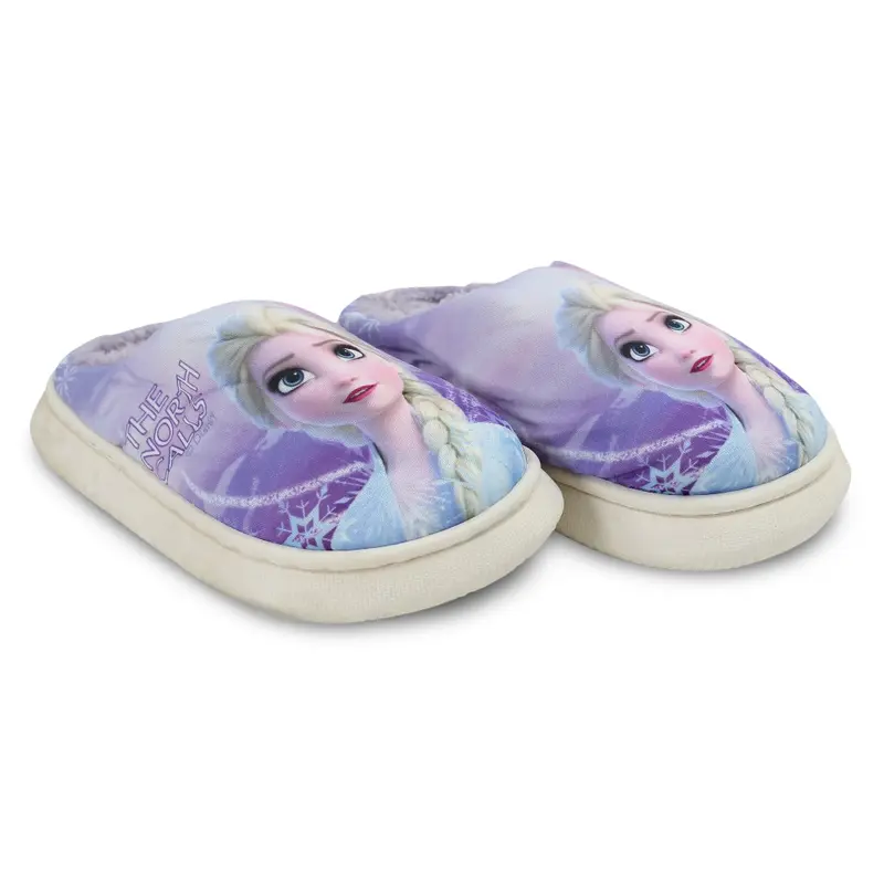 Girls Fur Slippers  Purple with Frozen The North Calls Print