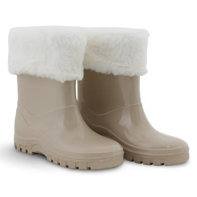 Girls Rubber Rain Boots  Beige with Fur