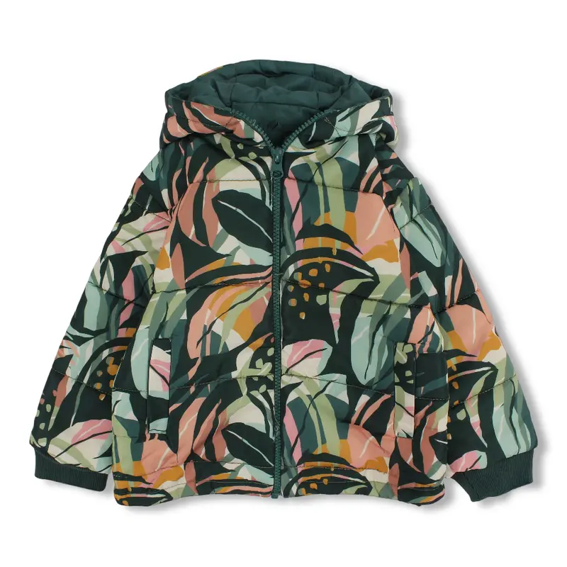 Girls Waterproof Jacket  Dark Green with Tree Leaves Print