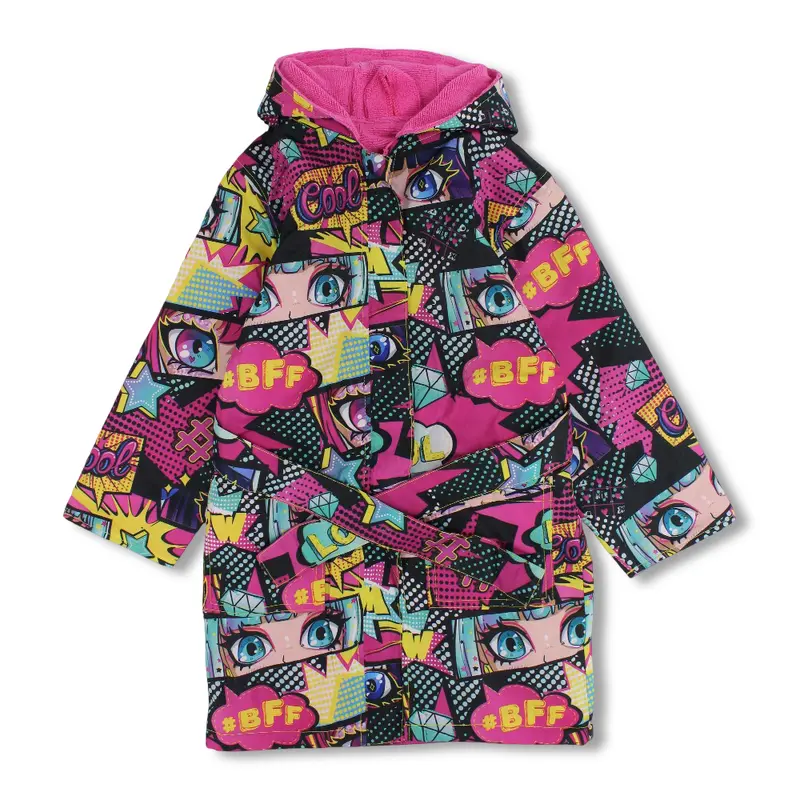Girls Waterproof Swim Robe  Fuchsia with Anime Design