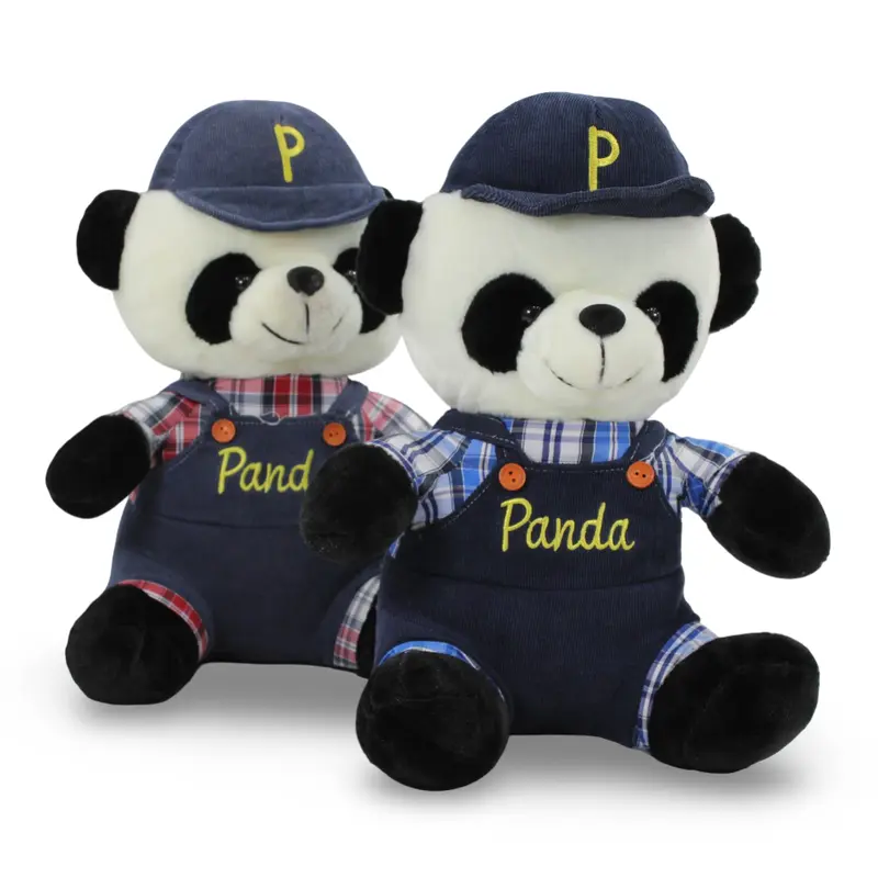 Panda Plush Toy  Medium Size with Checkered Outfit and Cap