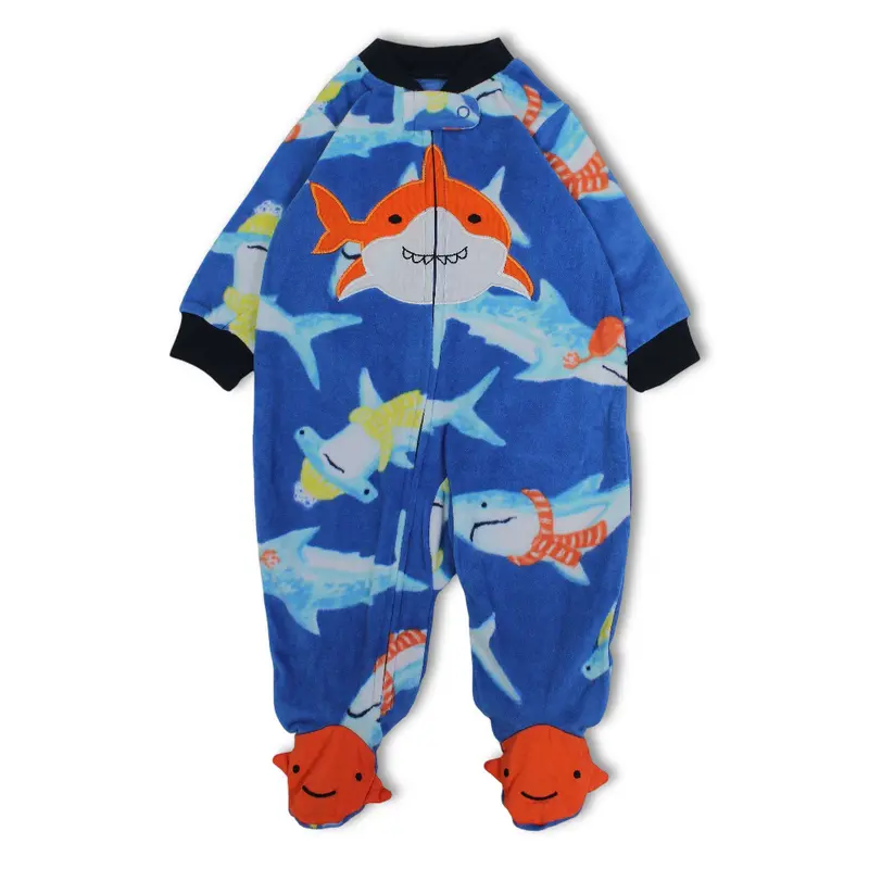 Baby Boys Fleeced Baby Footie  Blue with Shark Design