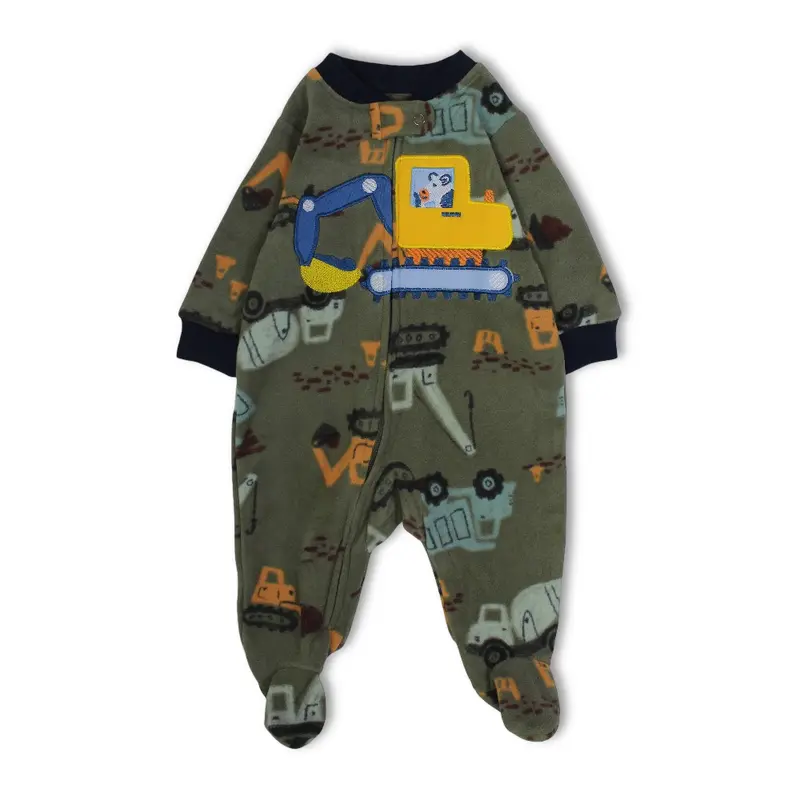Baby Boys Fleeced Baby Footie  Dark Green with Tractors Design
