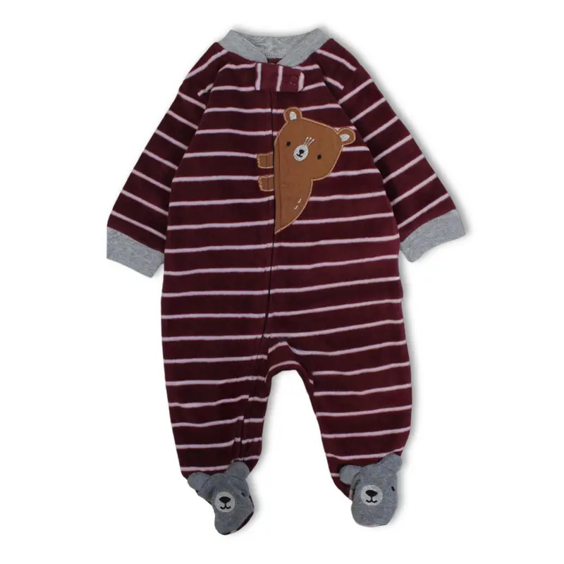 Baby Boys Fleeced Baby Footie  Maroon with Bear Design