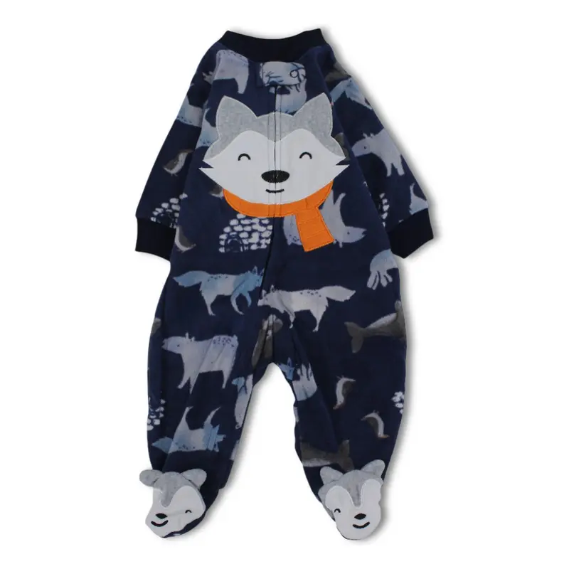 Baby Boys Fleeced Baby Footie  Navy with Fox Head Embroidery