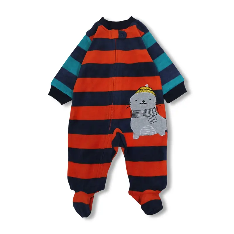 Baby Boys Fleeced Baby Footie  Orange with Seal Embroidery