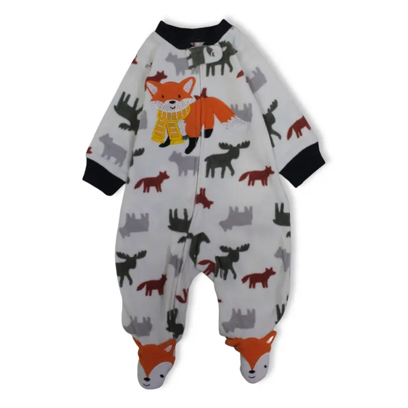 Baby Boys Fleeced Baby Footie  White with Fox Embroidery
