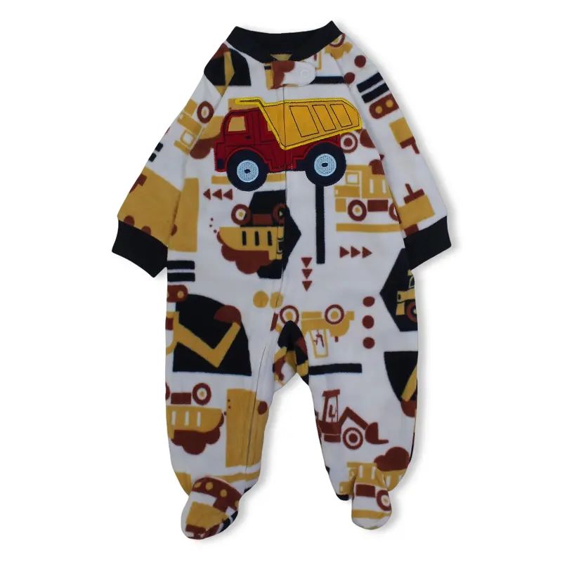 Baby Boys Fleeced Baby Footie  White with Tractor Embroidery