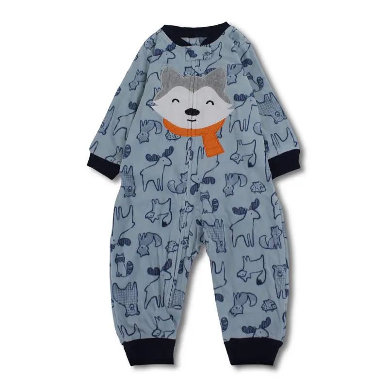 Baby Boys Fleeced Footless Onesie  Baby Blue with Fox Face Design