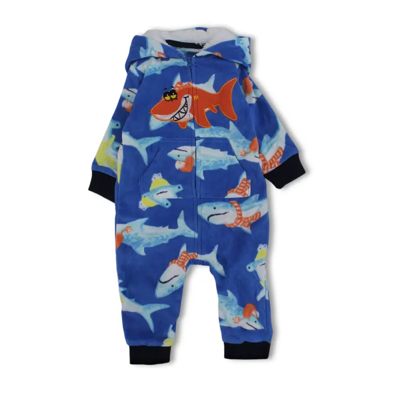 Baby Boys Fleeced Hooded Footless Onesie  Blue with Shark Design