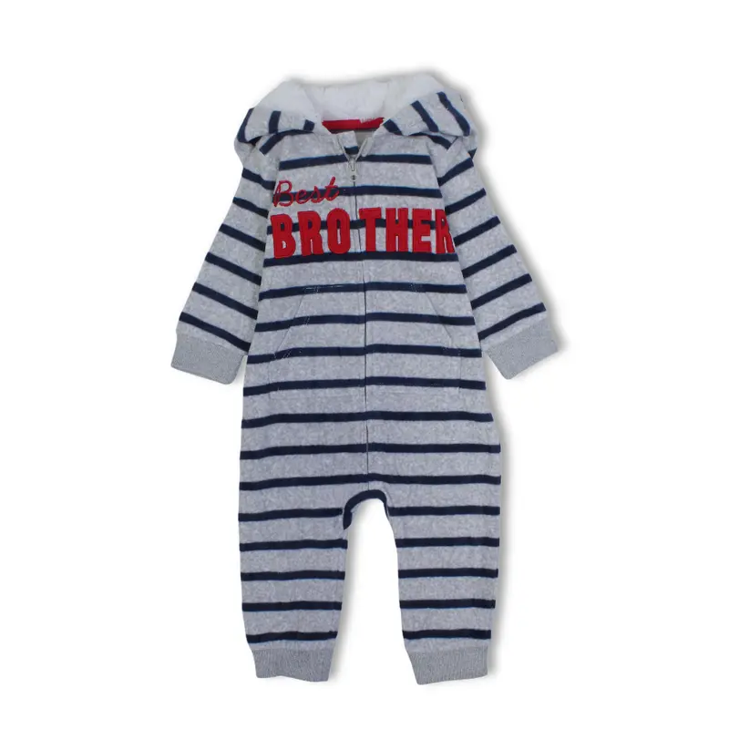 Baby Boys Fleeced Hooded Footless Onesie  Grey with Best Brother Design