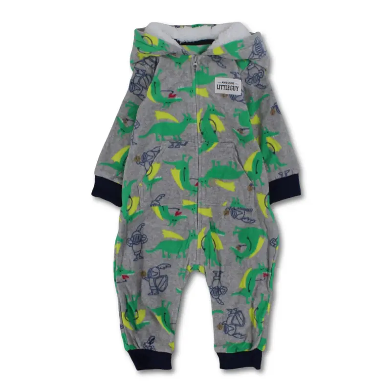 Baby Boys Fleeced Hooded Footless Onesie  Grey with Green Dragons Print