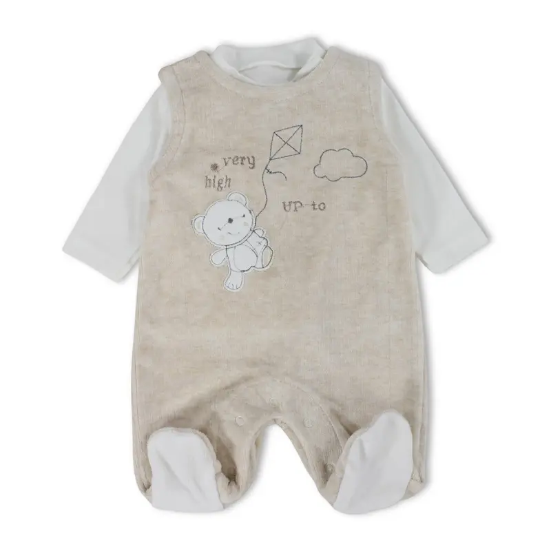 Baby Boys Velvet Baby Footie  Beige with Bear & Kite Embroidery