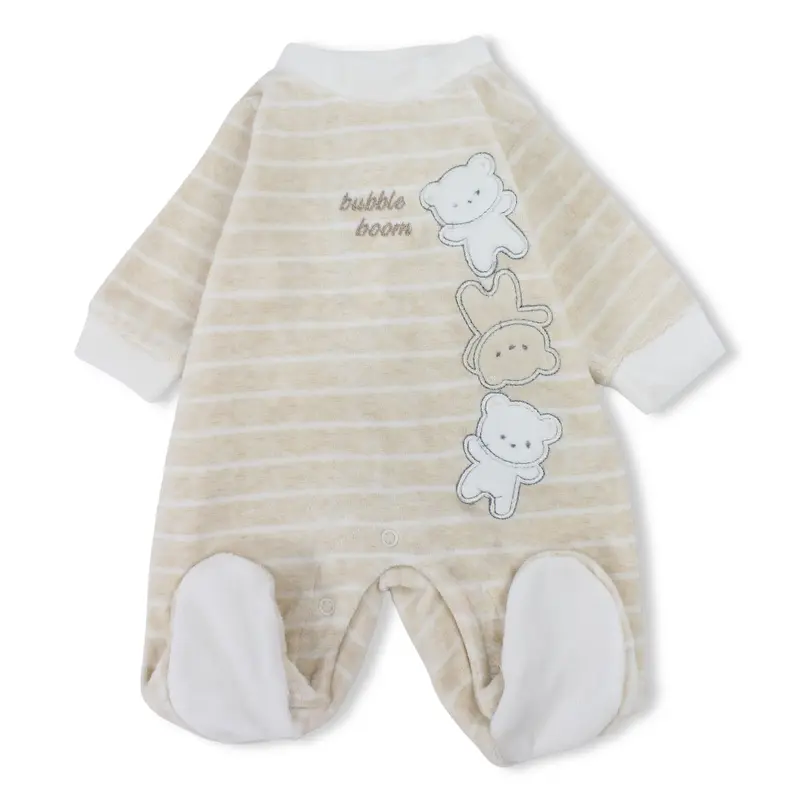Baby Boys Velvet Baby Footie  Beige with Cute Bears Embroidery