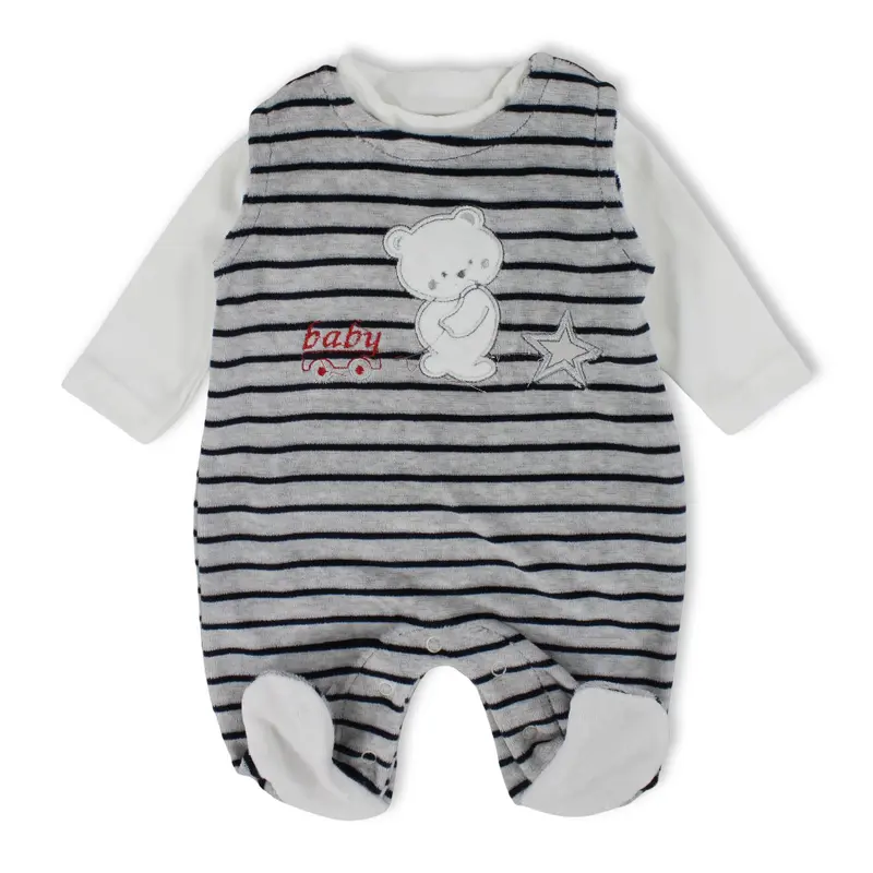Baby Boys Velvet Baby Footie  Grey with Bear Embroidery
