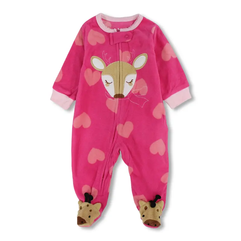 Baby Girls Fleece Baby Footie  Fuchsia with Hearts & Giraffe Design