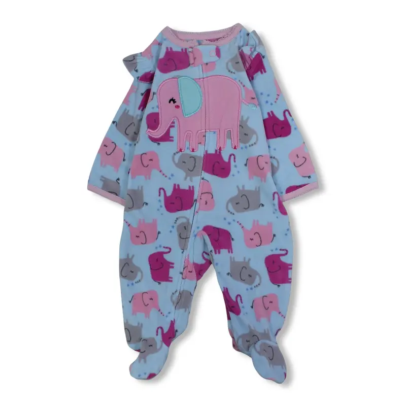 Baby Girls Fleeced Baby Footie  Baby Blue with Elephant Embroidery