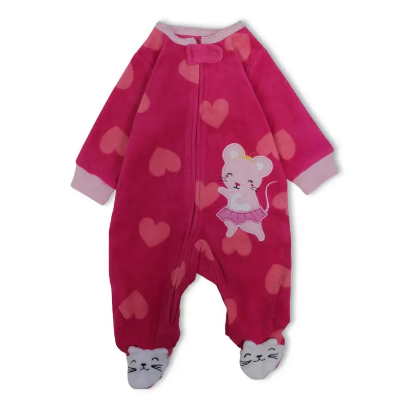 Baby Girls Fleeced Baby Footie  Fuchsia with Mouse Embroidery
