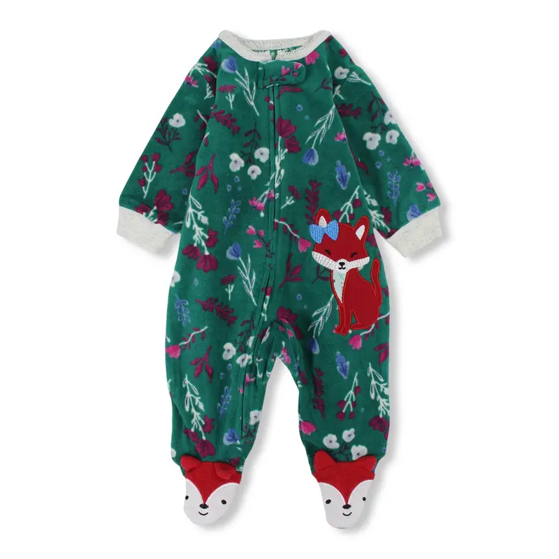 Baby Girls Fleeced Baby Footie  Green with Flowers & Fox Design