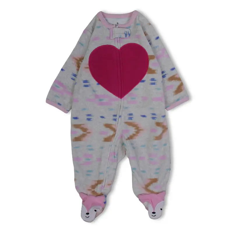 Baby Girls Fleeced Baby Footie  Grey with Heart Embroidery