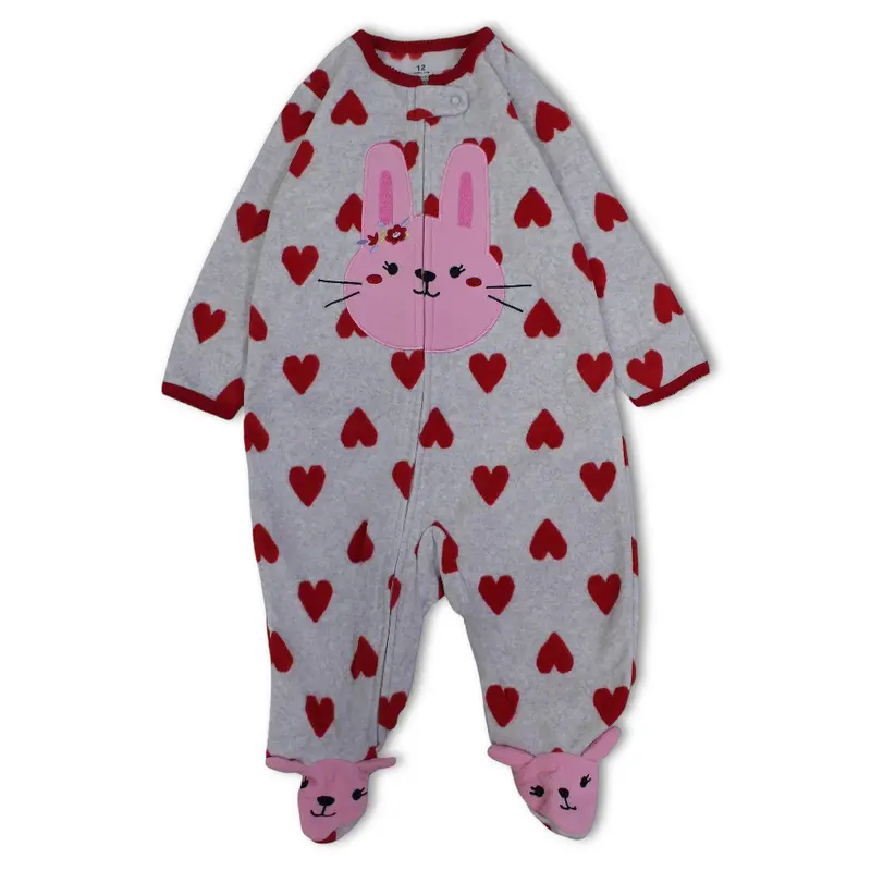 Baby Girls Fleeced Baby Footie  Grey with Hearts & Bunny Design
