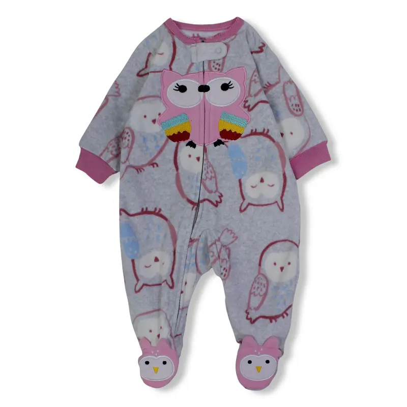 Baby Girls Fleeced Baby Footie  Grey with Owl Embroidery