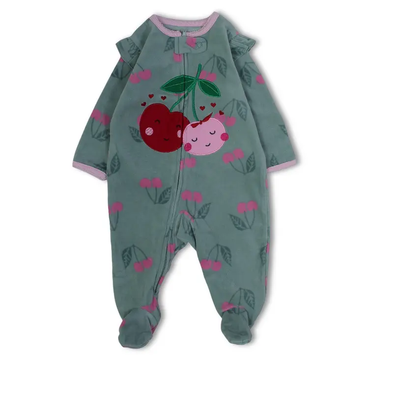 Baby Girls Fleeced Baby Footie  Mint with Cherry Embroidery