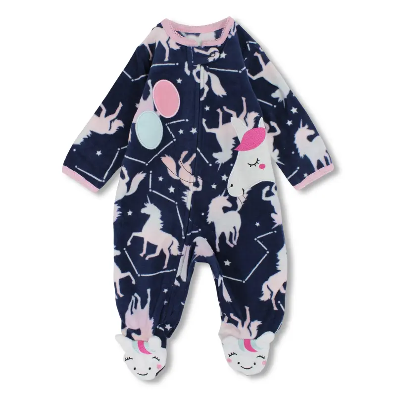 Baby Girls Fleeced Baby Footie  Navy with Unicorns Print