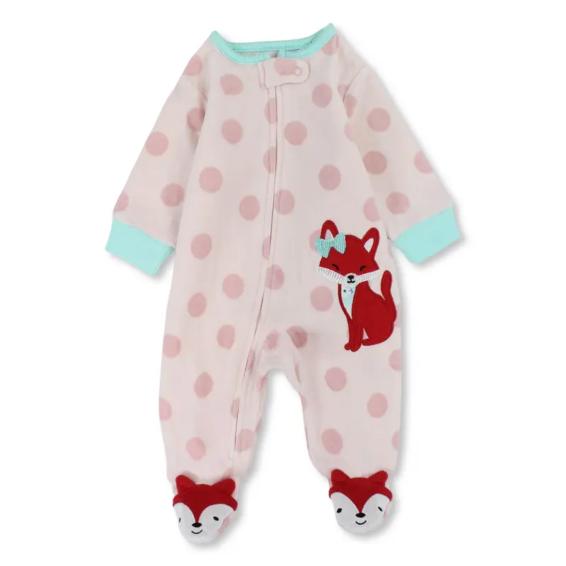 Baby Girls Fleeced Baby Footie  Pink with Polka Dots & Fox Design
