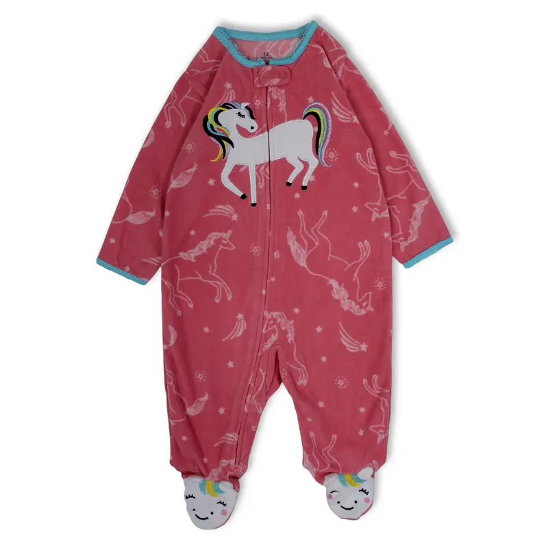 Baby Girls Fleeced Baby Footie  Salmon with Unicorn Embroidery