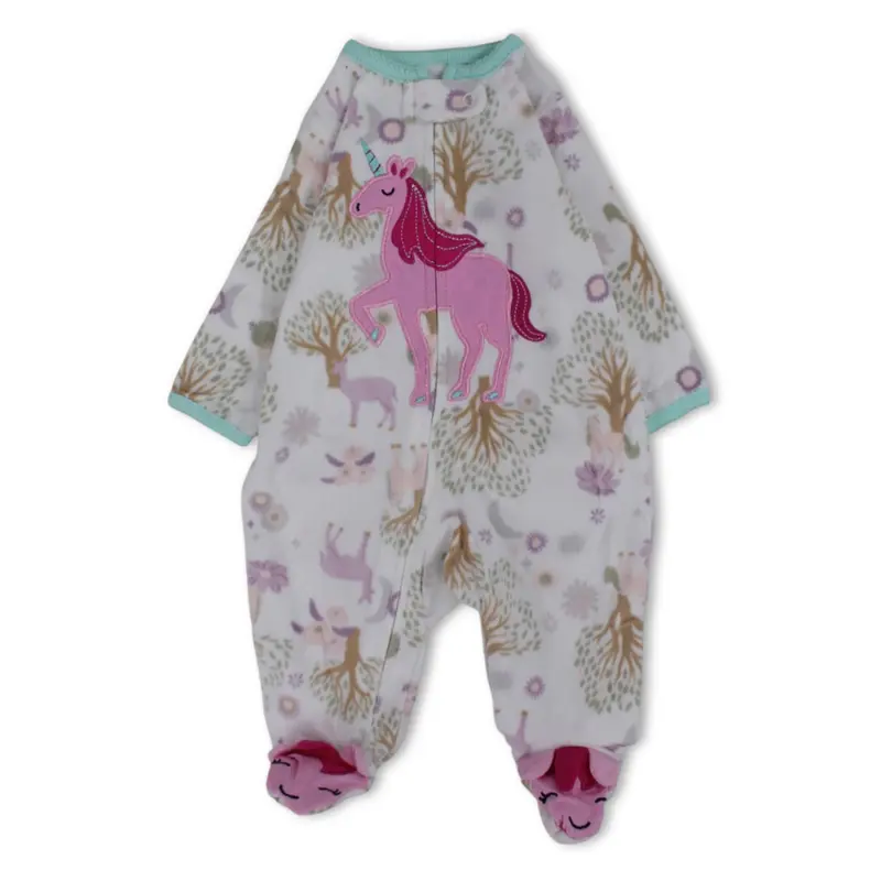 Baby Girls Fleeced Baby Footie  White with Pink Unicorn Design