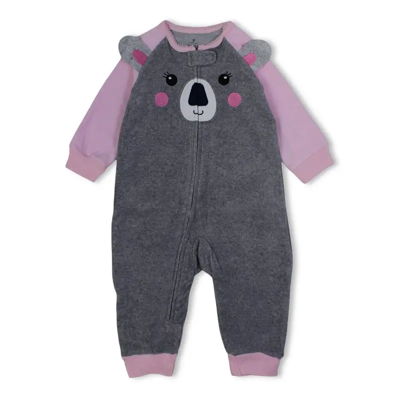 Baby Girls Fleeced Footless Onesie  Grey with Bear Face Design