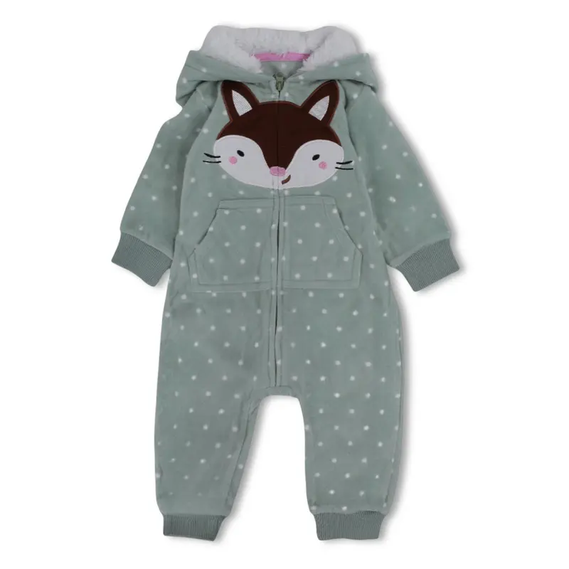 Baby Girls Fleeced Hooded Footless Onesie  Mint with Fox Head Design