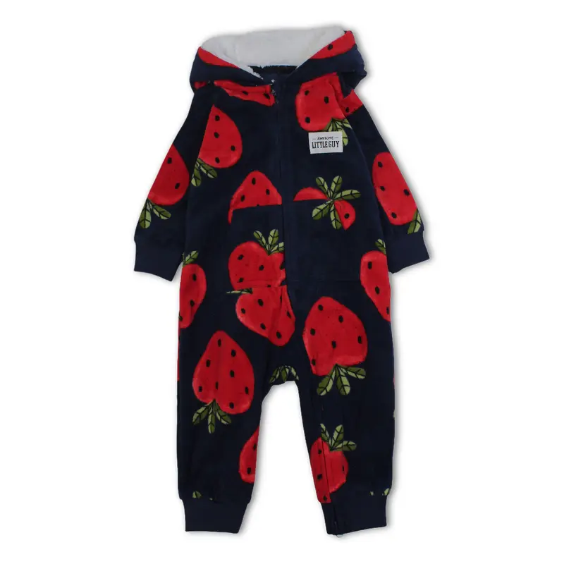 Baby Girls Fleeced Hooded Footless Onesie  Navy with Strawberry Print