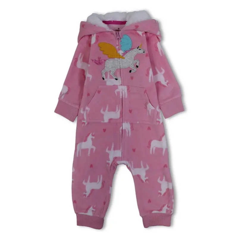 Baby Girls Fleeced Hooded Footless Onesie  Pink with Unicorns Print