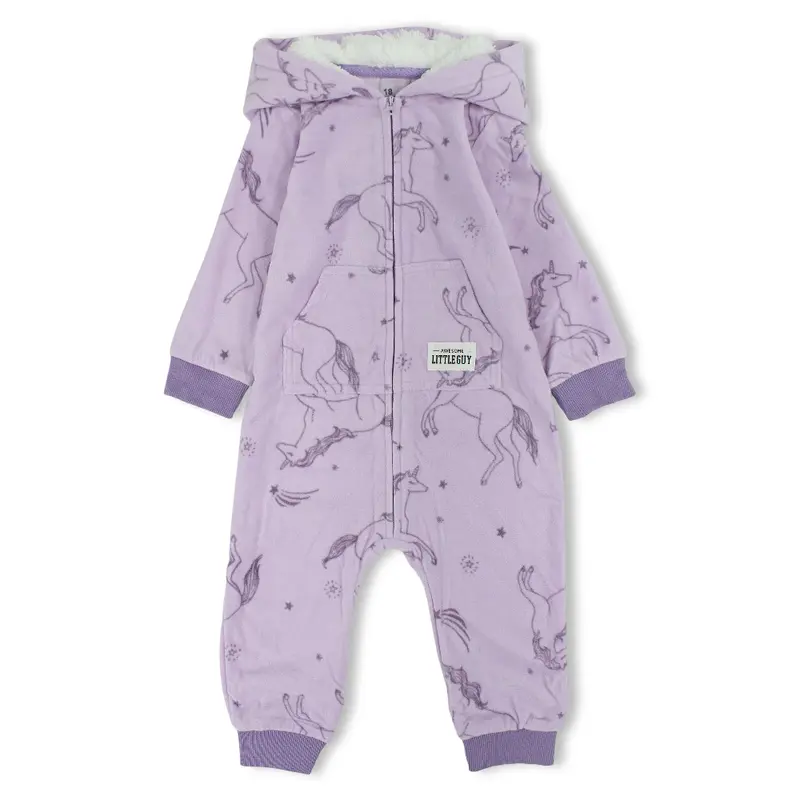 Baby Girls Fleeced Hooded Footless Onesie  Purple with Unicorns Print