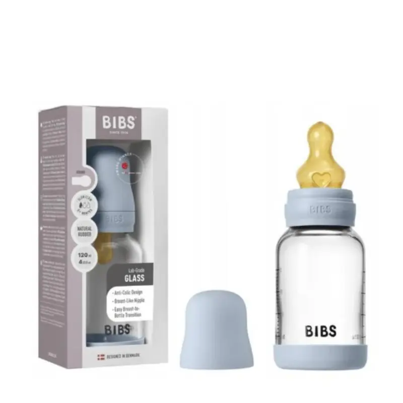 BIBS Glass Baby Bottle Round Latex - 1 pack 120 ml Slow Flow Baby Blue