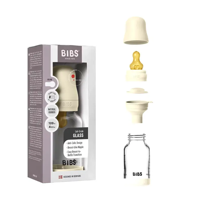 BIBS Glass Baby Bottle Round Latex - 1 pack 120 ml Slow Flow Ivory