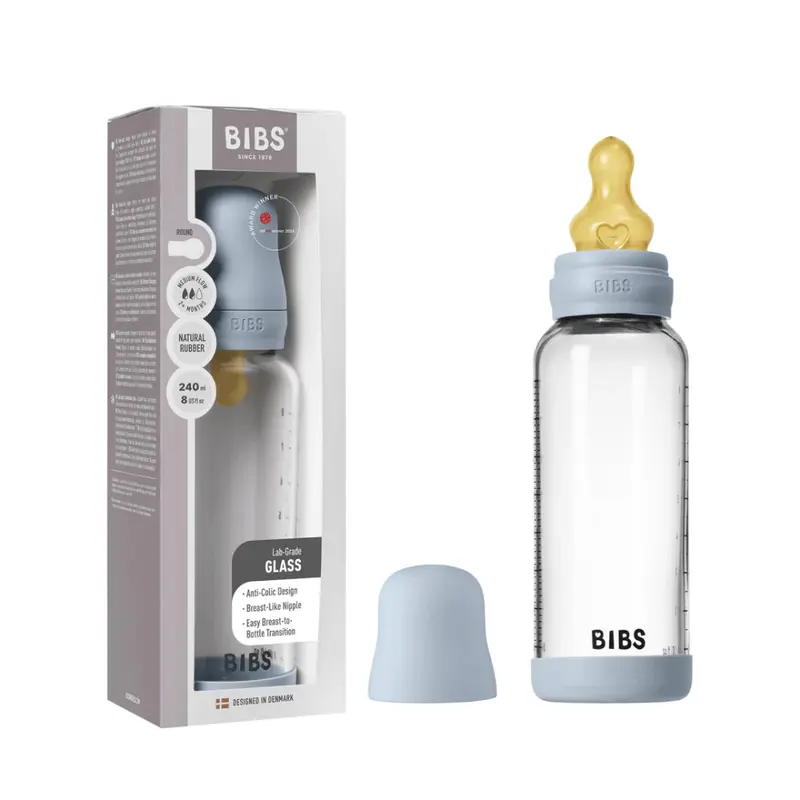 BIBS Glass Baby Bottle Round Latex - 1 pack 240 ml Medium Flow Baby Blue