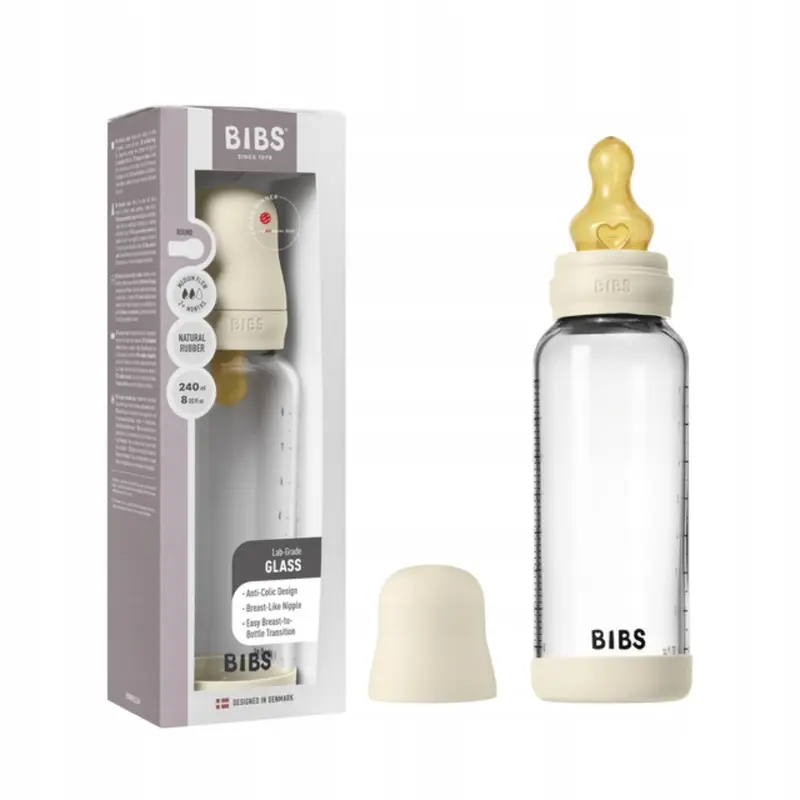 BIBS Glass Baby Bottle Round Latex - 1 pack 240 ml Medium Flow Ivory