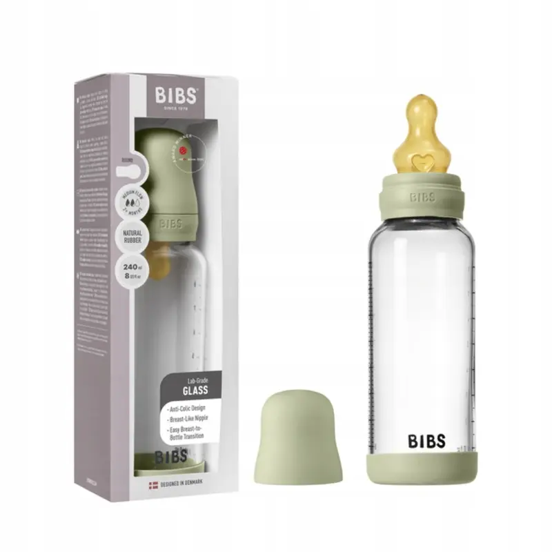 BIBS Glass Baby Bottle Round Latex 1 pack 240 ml Medium Flow Sage