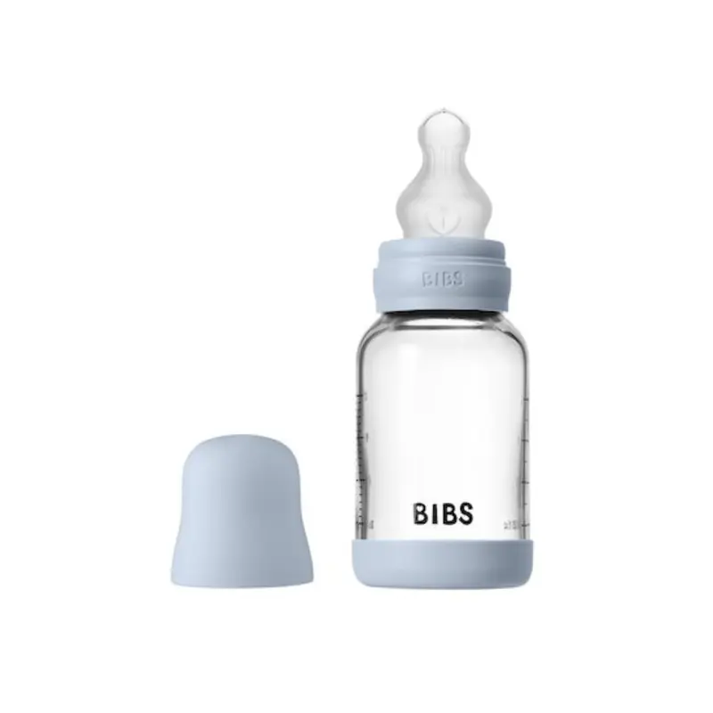 BIBS Glass Baby Bottle Round Silicone - 1 pack 120 ml Slow Flow Baby Blue