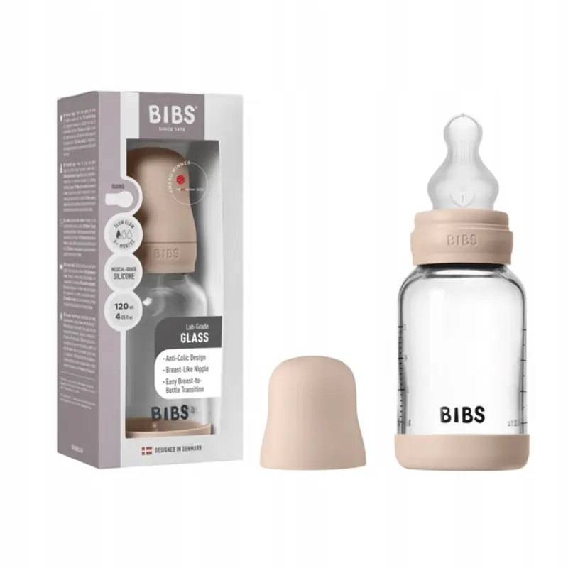 BIBS Glass Baby Bottle Round Silicone - 1 pack 120 ml Slow Flow Blush