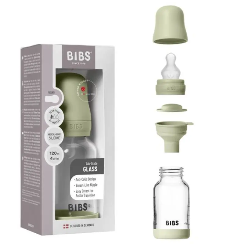 BIBS Glass Baby Bottle Round Silicone - 1 pack 120 ml Slow Flow Sage