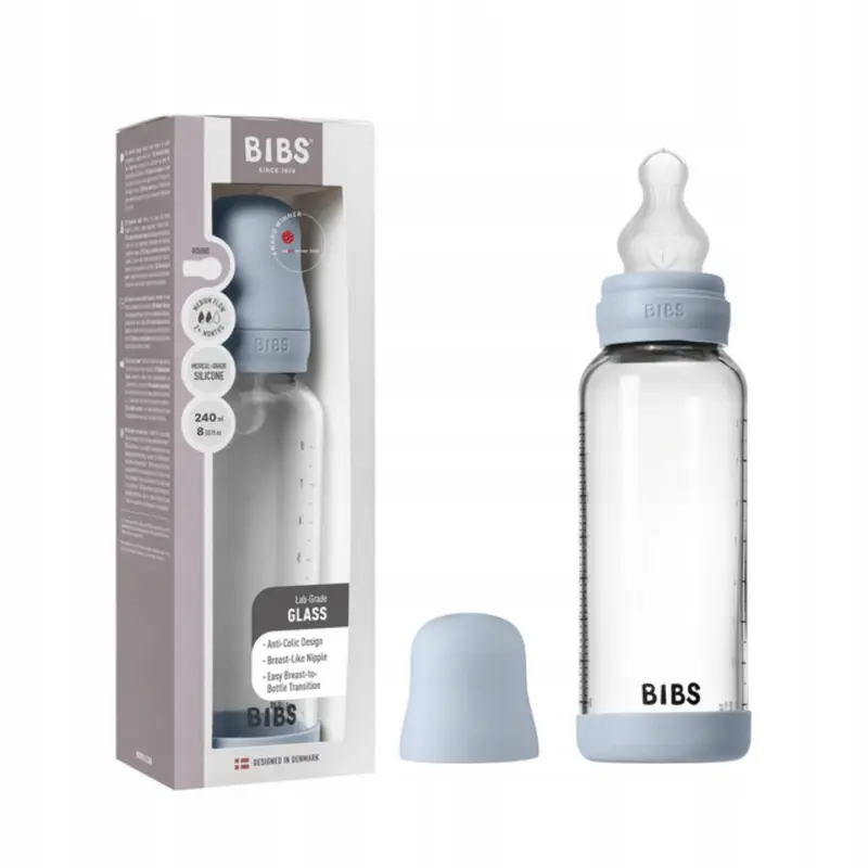 BIBS Glass Baby Bottle Round Silicone - 1 pack 240 ml Medium Flow Baby Blue