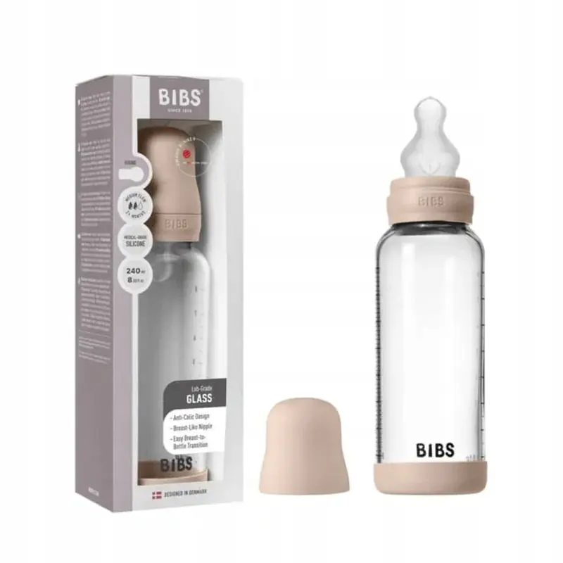 BIBS Glass Baby Bottle Round Silicone - 1 pack 240 ml Medium Flow Blush