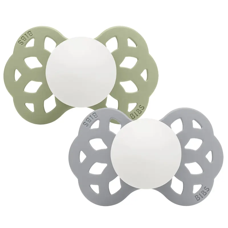BIBS Glow in the Dark Infinity Pacifier Pack of 2  Anatomical Silicone Size 1 Sage Glow/Cloud Glow